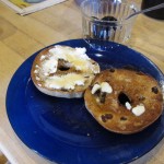 Goat cheese & honey on a raison bagel, and Bubbe prunes