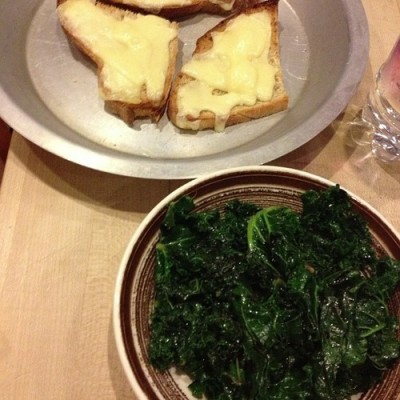 Supper after class / kale with olive oil & balsamic, toasted cheese - Jarlsberg on my Thomas Keller bread