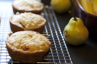 Cranberry crumb cakes - look it how that pear got damaged in my grocery bag on the way back form the co-op yesterday, tho