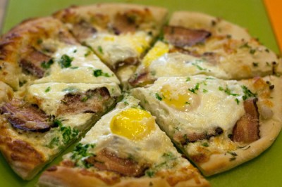 Breakfast pizza with bacon & eggs