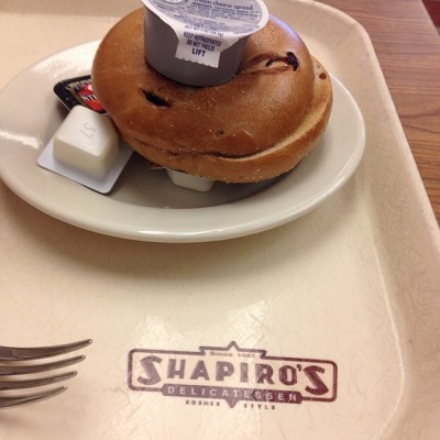 Breakfast & lunch at Shapiro's deli - tapioca, cup of cabbage borscht, toasted bagel and coffee