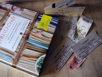 Film fest (and weekend) flotsam: ticket stubs, including symphony; bagel ticket; book I bought at author event at the library