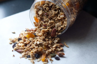 Apricot almond granola. It has pumpkin seeds & ground flaxseed in it too, and maple syrup instead of honey