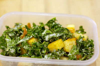 Last of the kale Caesar, packed to go to work Monday. The croutons will be soggy but it will still be good. Maybe I'll eat it tomorrow instead ...