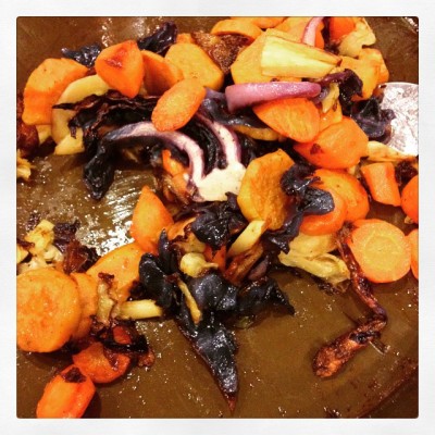 Almost the last of my winter share CSA box roasted: carrots, sweet potato, parsnips, green & purple cabbage. Still have a big bag of beets & half a celeriac in the basement