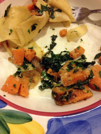 old rags pasta with sweet potato, kale & goat cheese