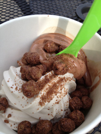 Frozen yogurt in Indianapolis - salted pretzel, and double chocolate, topped with coco puffs