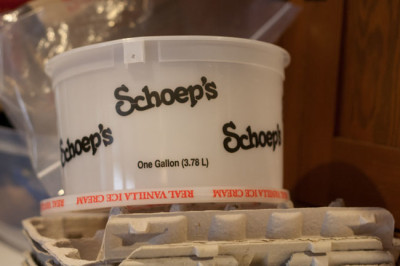 Schoep's bucket, waiting on top of the fridge, to get added to my collection. They used to be 5 qt. buckets, now they're only a gallon