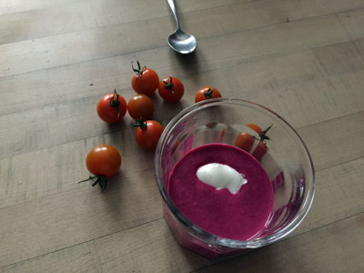 Cold beet borscht and sungold tomatoes for Monday dinner. Aahhh, summer.