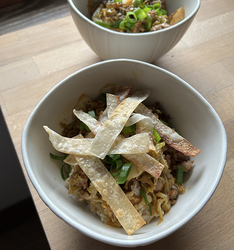 Pork cabbage rice bowls